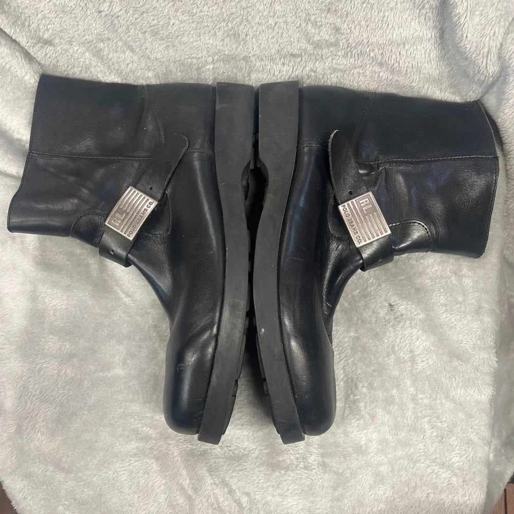 Polo Jeans Co Ralph Lauren Black Leather Buckle Moto Biker Boots Mens size‎ 11.5